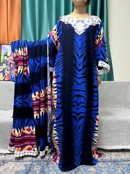 Abayas musulmanas para mujer, Apliques de encaje de algodón, manga larga, bata suelta para mujer, vestidos de noche africanos de Nigeria con bufanda de 200x100cm