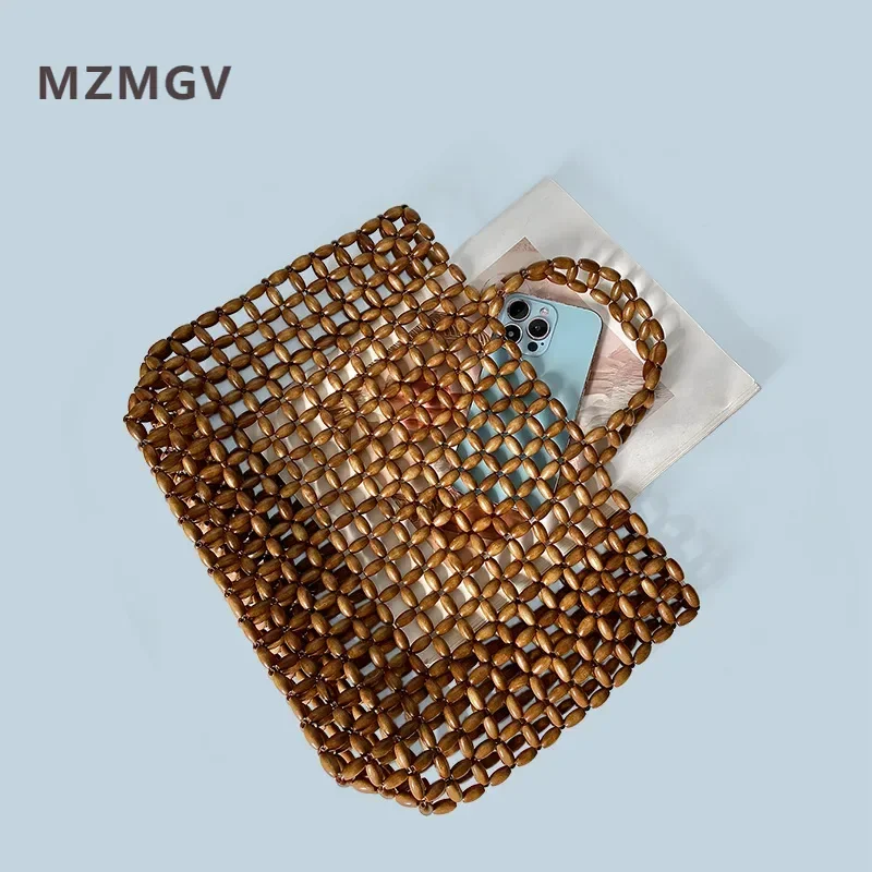 

Fashion Hand-woven Wooden Bead Bag Design Hollow Out Women's Travel Vacation Beach Bag Summer Large Capacity Female Tote Bag