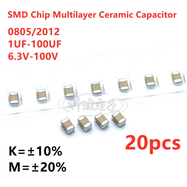 20szt 0805 2012 SMD Kondensator 1UF 2.2UF 4.7UF 10UF 22UF 47UF 100UF 6V3 10V 16V 25V 35V 50V 63V 100V X7R X5R K=±10% M=±20%