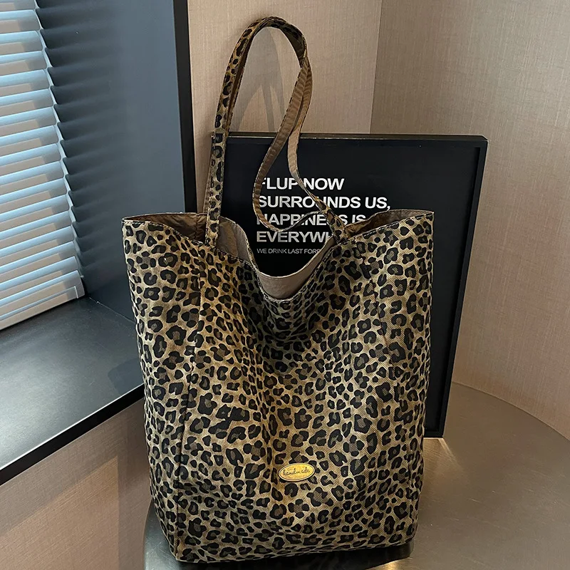 Large Capacity Lazy Style Leopard Print Shoulder Bag, Ins Korean Simple Tote Bag Casual Shopping Bag