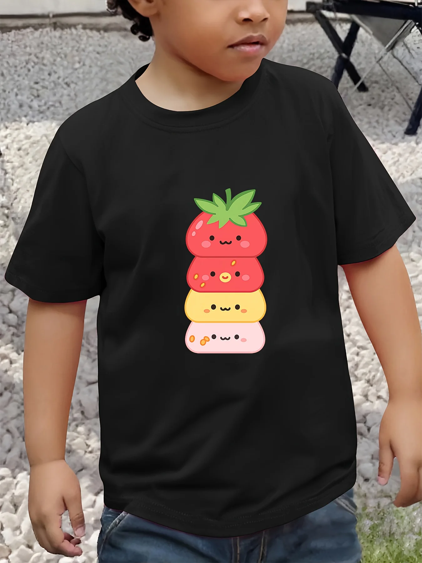 Cute Stacked Cartoon Fruit Dessert Smiley Face Graphic Kids T Shirt Boys Girls Family Matching Summer Crew Neck Short Sleeve Tee