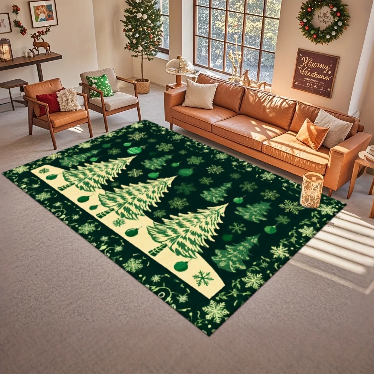 1pc Christmas Tree Rug, Green & Golden Snowflake Print, Soft Large Rectangular Machine Washable Mat with Non-Slip Base