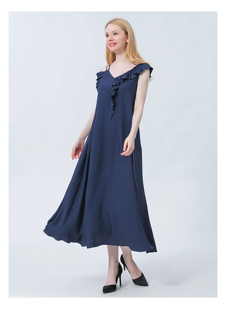 Silk Jacquard Plain Picturesque V-neck Party Dresses Pleated Ruffled Irregular Short Sleeve Solid Color Summer Dress AE1029