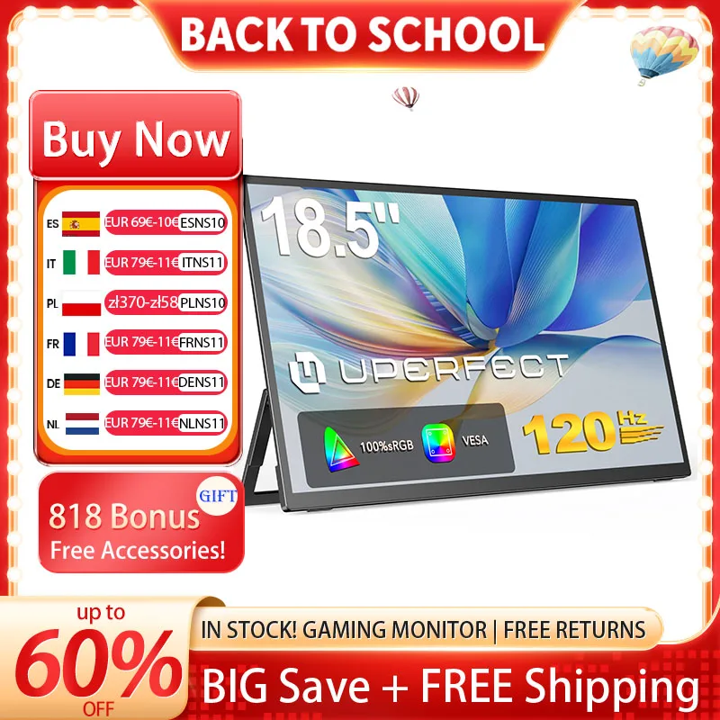 Uperfect 18,5 Zoll Computer Gaming Display tragbarer Monitor 120Hz ips Laptop HDMI USB C externer Bildschirm mit Vesa Adjust Stand