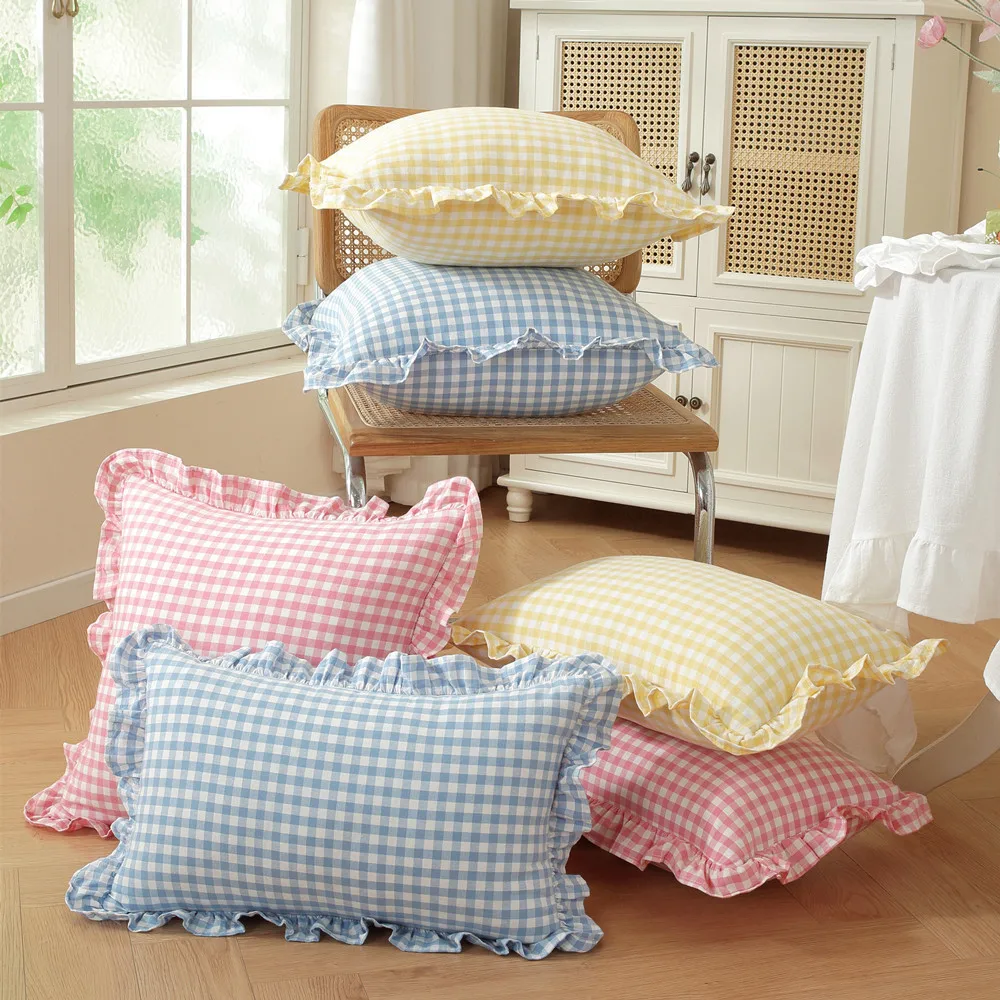 

French Ruffle Cushion Covers Polyester-cotton Plaid Print Lotus Leaf Skirt Edge Pillowcase Throw Pillow Covers for Sofa Home