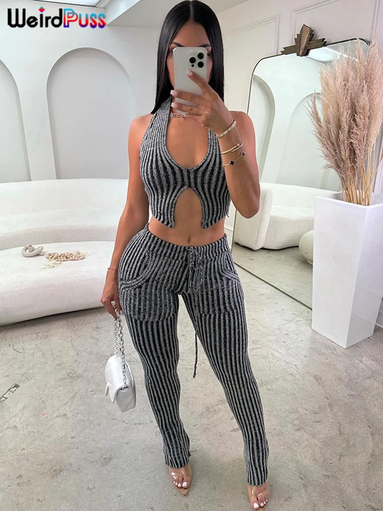 Weird Puss Blue Striped Women Casual Two Piece Set Crochet Halter Deepv-Neck Vest+Pocket Pants Skinny Stretch Matching Outfits