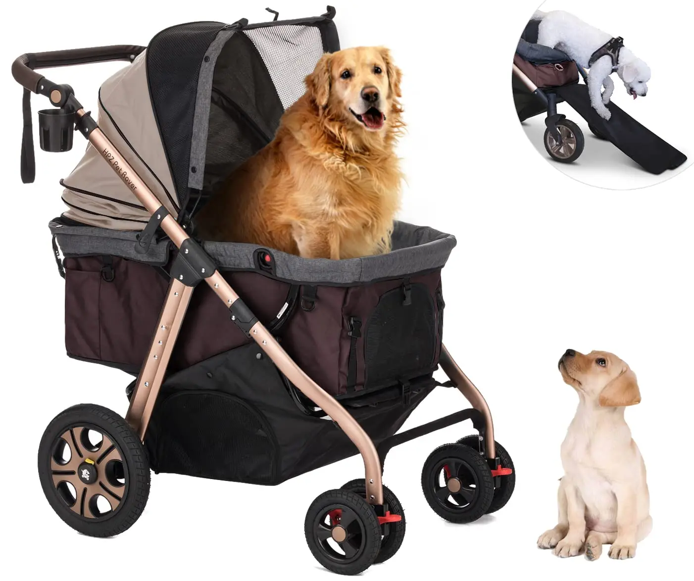 Premium Super-Sized Dog/Cat/Pet Stroller SUV Travel Carriage/w Access Ramp/100Lbs Capacity/Pumpless Rubber Wheels/Alumi