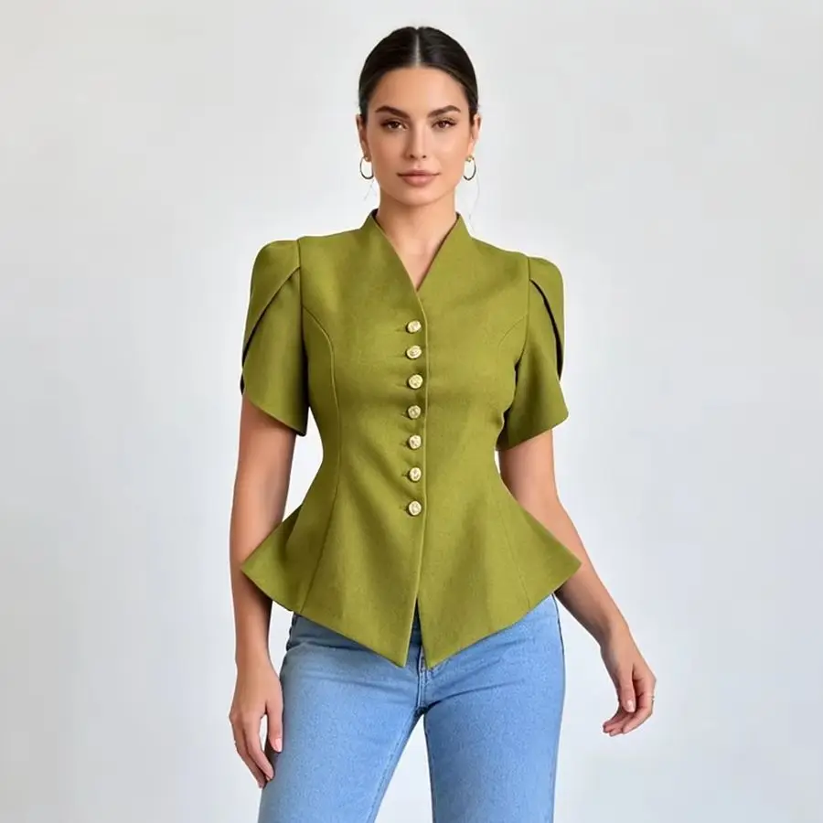 V-Neck Peplum Blazer Top with Puff Sleeves and Buttons