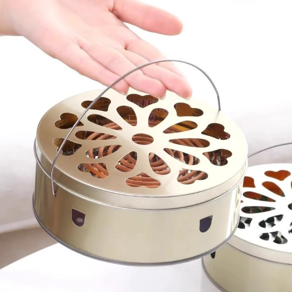 Hollow Out Mosquito Coil Holder with Handle Lid Anti Scalding Incense Burner Box Anti-Mosquito Rustproof Mosquito Incense Box