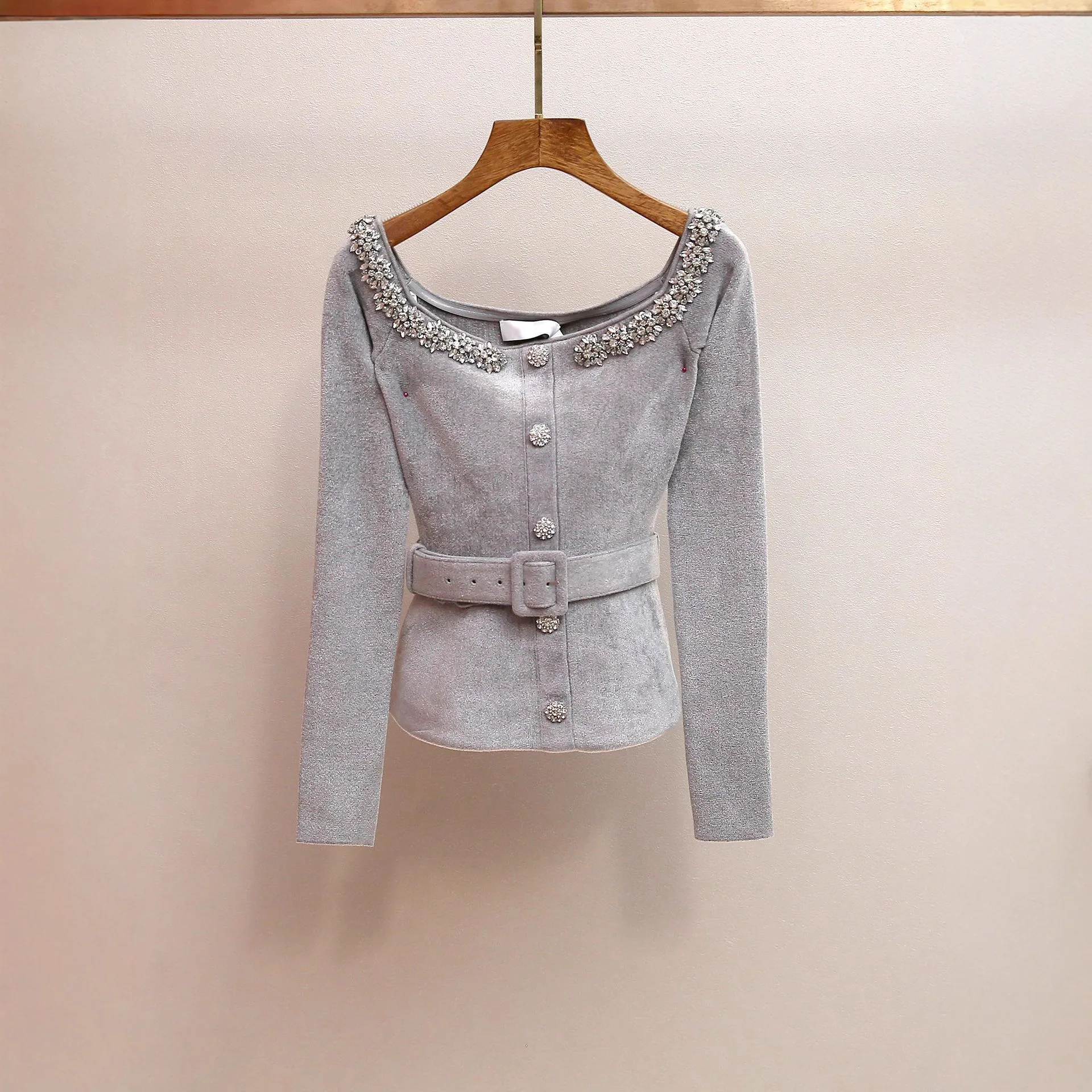 

Autumn New Style Short Knitted Sweater Women's Fashion Heavy Embellished Diamond One-Shoulder Waist-Cinched Top