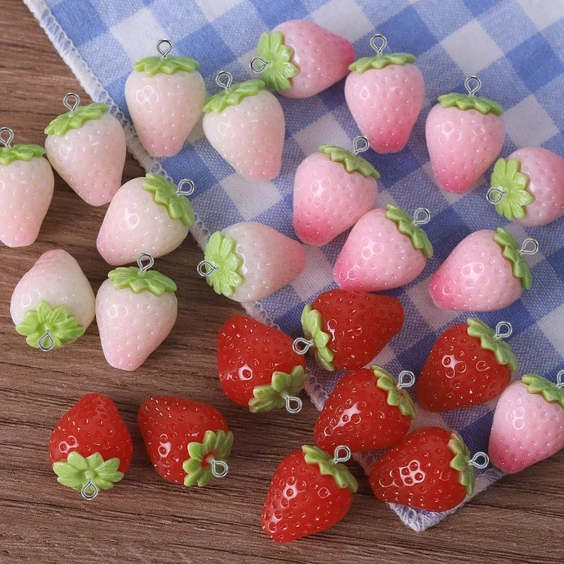 10pcs Cute Flatback Strawberry Resin Charms Jelly Gradient Pink Red Strawberry Pendants for DIY Earrings Keychain Jewelry Making