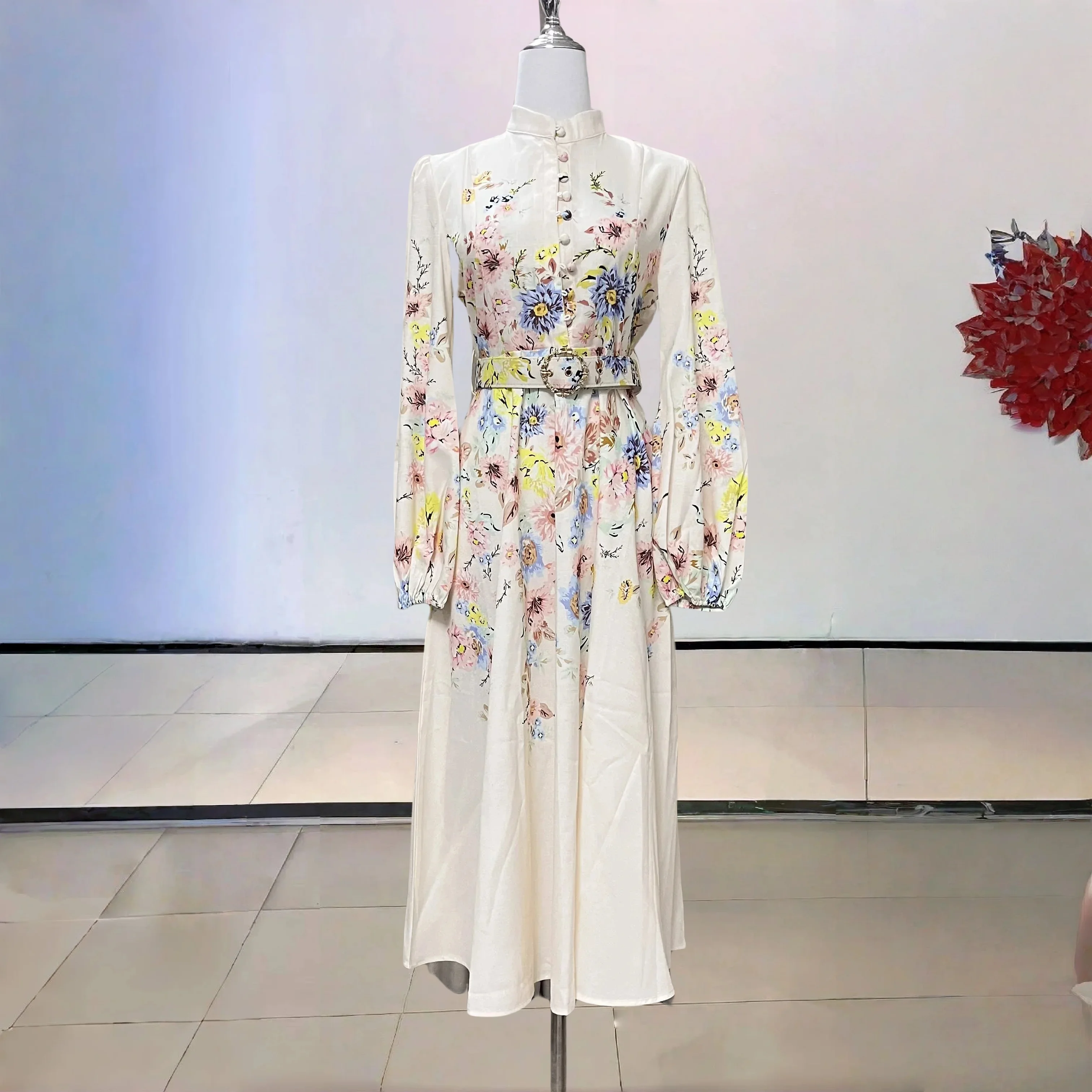 

Women's Floral Print Linen Midi Dress Soft Fabric A Line Cut Retro Style Long Sleeve Summer Garden Party Elegant Look
