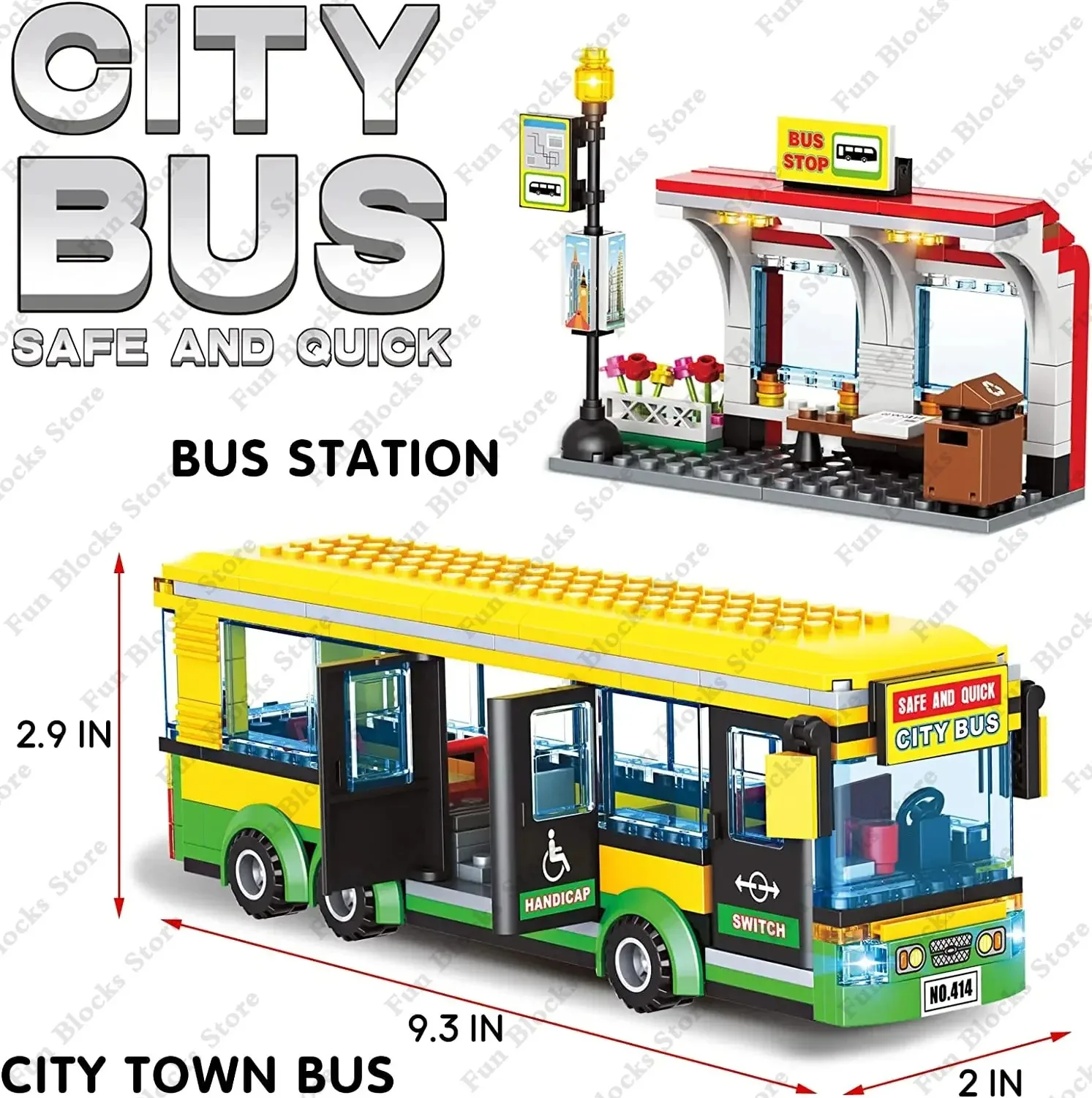 (2 figures) City Town Center Bus Station Building Blocks Kits Bricks Set Classic Car Model Kids Toys For Child Gifts