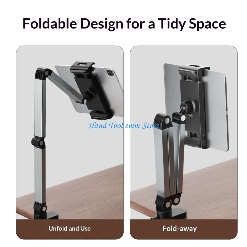 

H37F Aluminum Foldable Tablets Phone Mount Offering 360 Degree Swivels and Clamp Attachment for Multiple