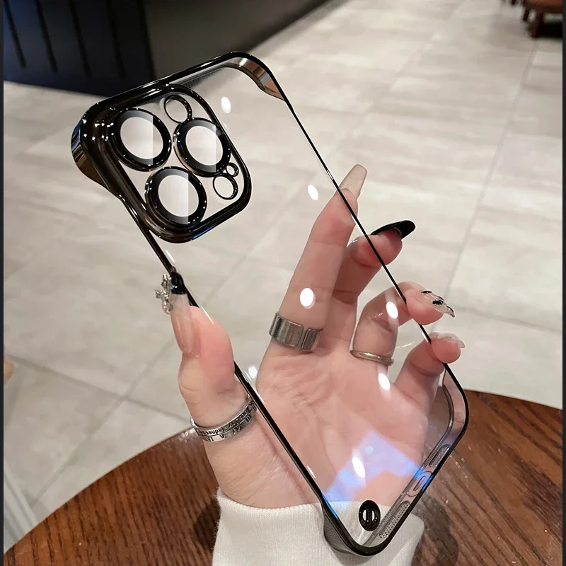 Funda de teléfono sin marco delgada para iPhone 15 14 Plus 13 12 Pro Max, cubierta trasera transparente de plástico con borde chapado