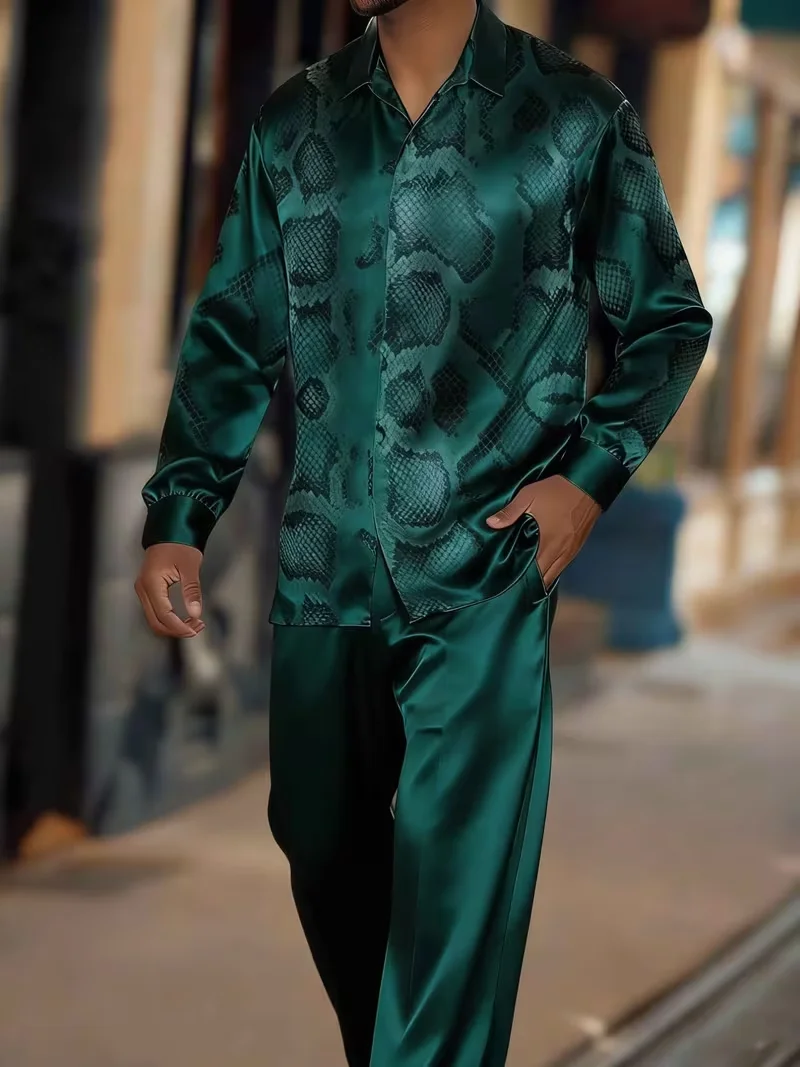 New Men's New Chinese Wave Gradient Set with Collar, Long Sleeve Shirt, Long Pants, Two Piece Set for Party Men's Wear view 2