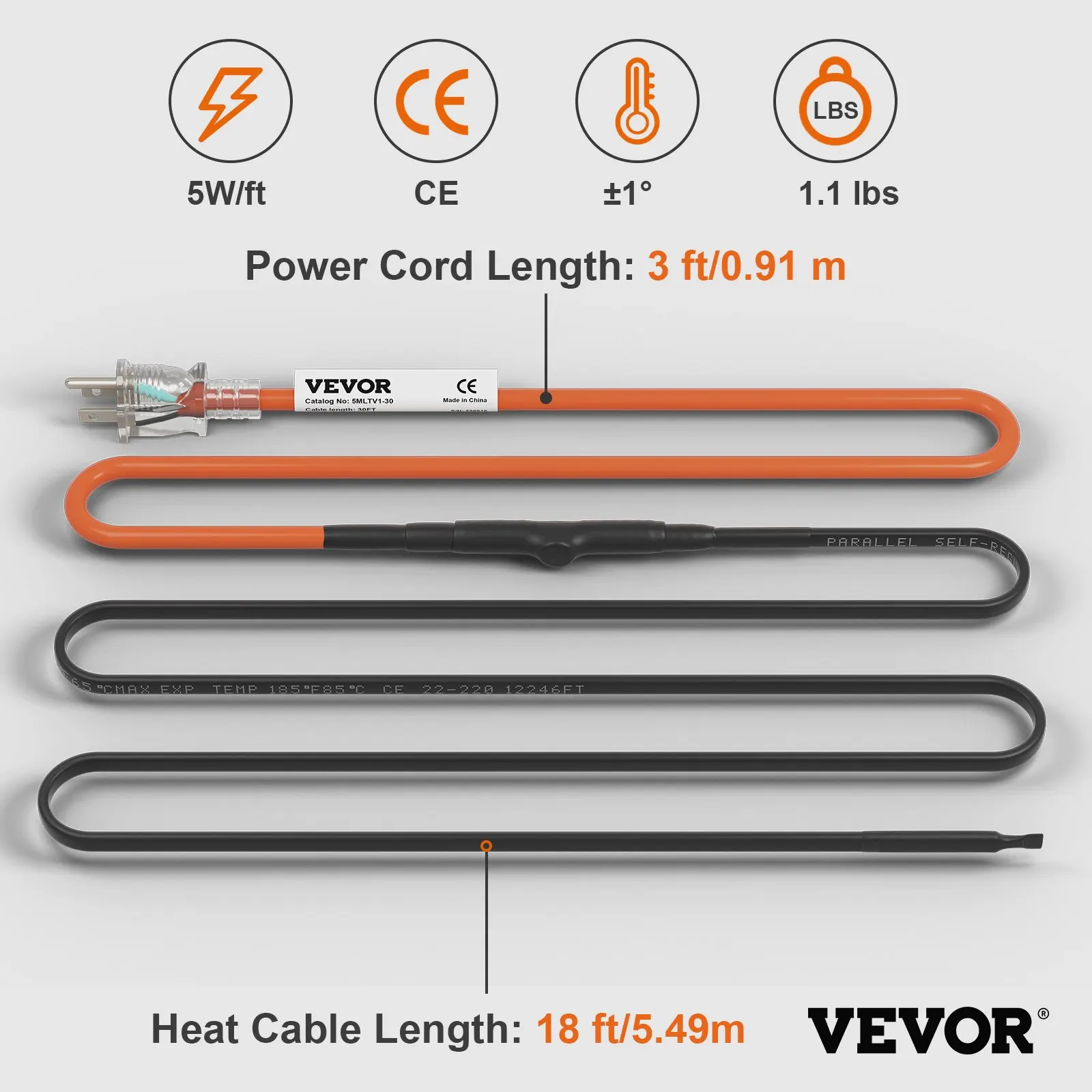 Self-Regulating Pipe Heating Cable, 18-feet 5W Ft Heat Tape For Pipes Freeze Protection, Protects PVC Hose, Metal And Plastic