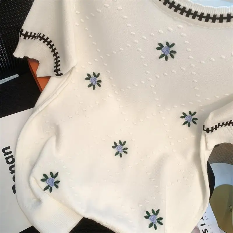 Luxury Floral Embroidery Knit Sweater Women Summer Short Sleeve Tops Design Knitted T-shirts Office Lady's Tees White Pink Shirt 6
