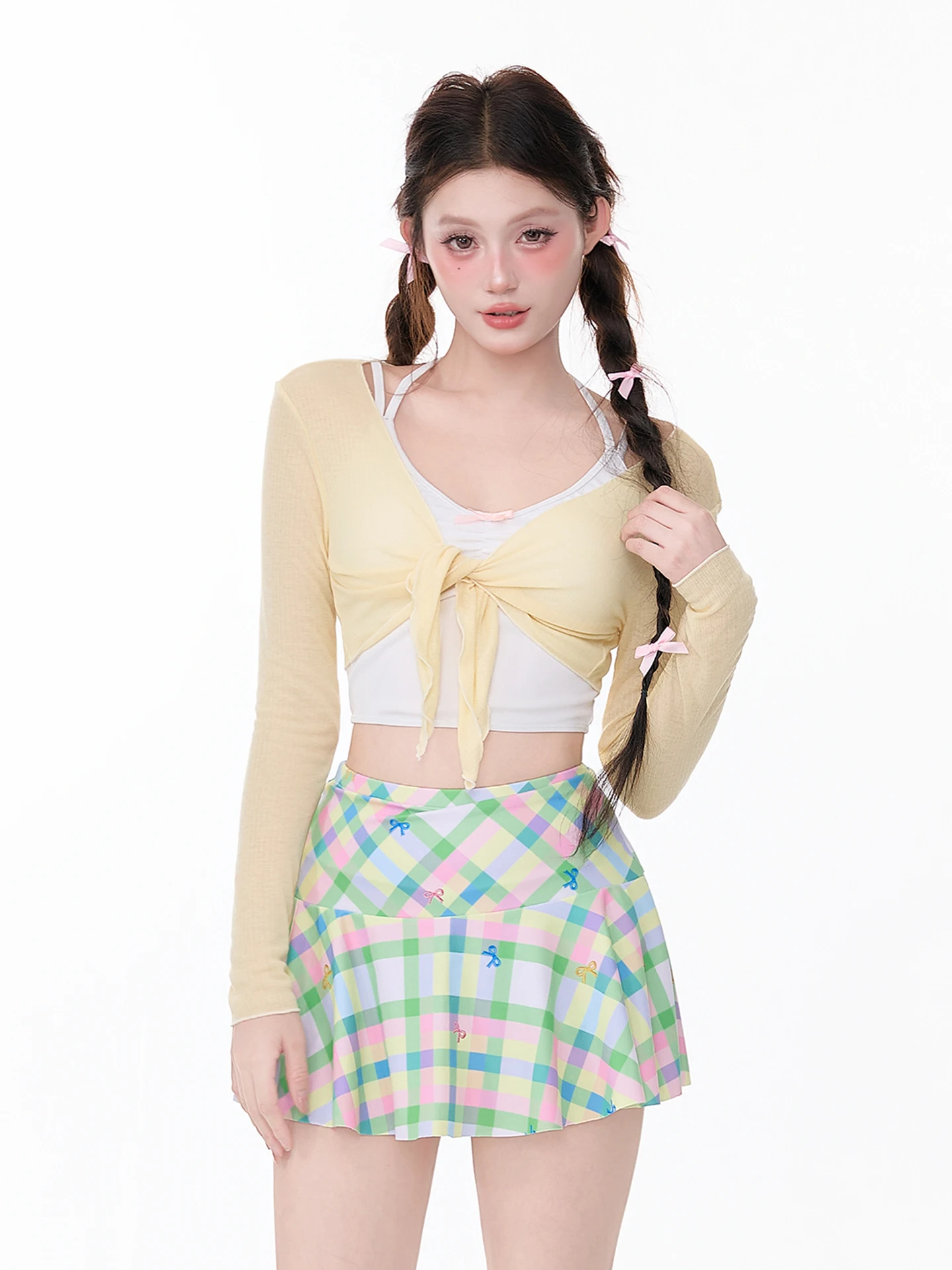 

Women's Tee-Piece Bikini Swimwear Sunscreen School orm Sle Vest Skirt Conservative Small Chest Student Girl Hot Spring