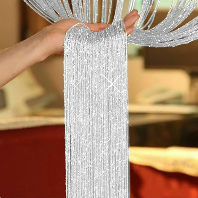 Nieuwe Glanzende Kwastje Zilveren Lijn String Gordijn 100x200 cm Volant Woonkamer Divider Bruiloft DIY Home Decor