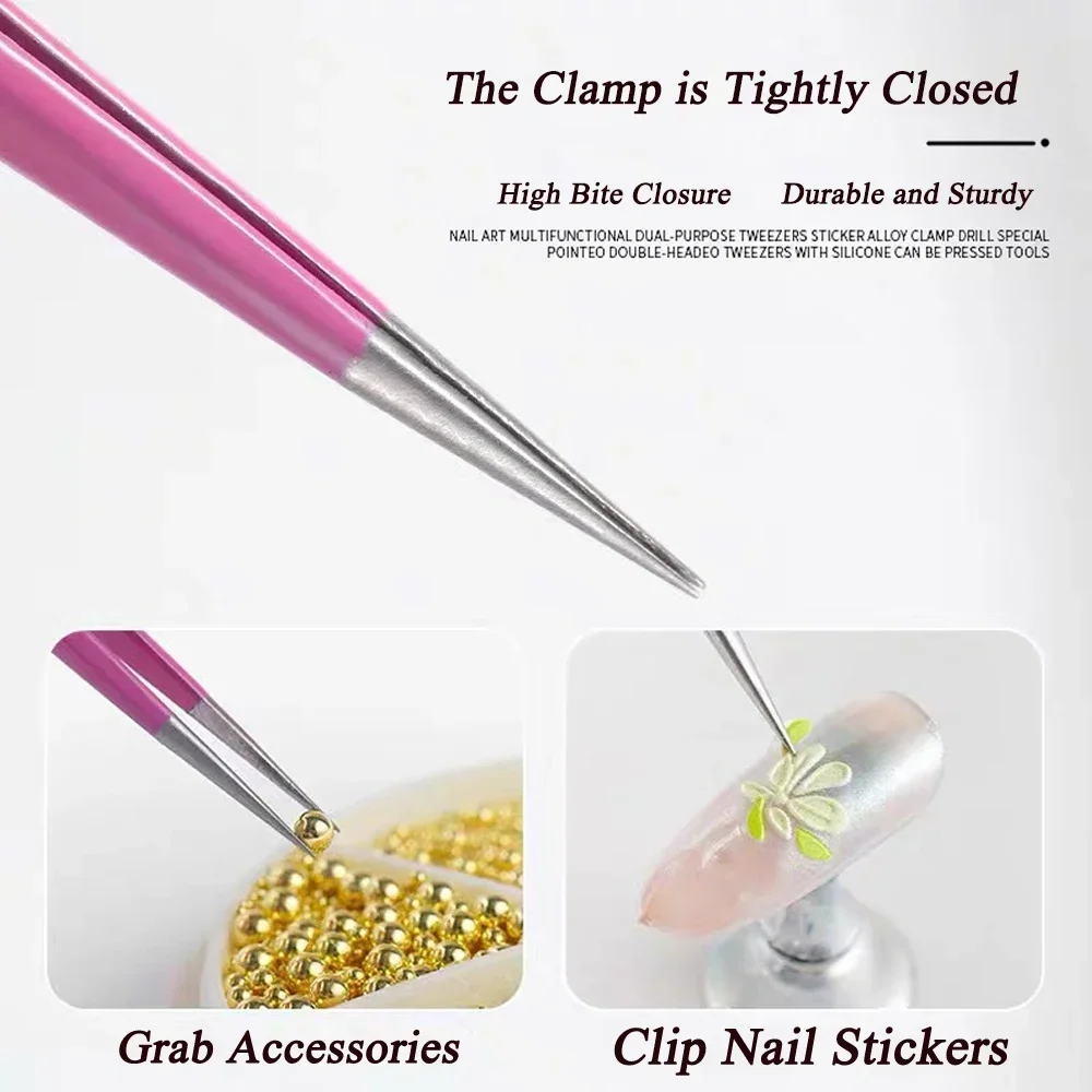 Makeup Tool DoubleSlant Tip Headed Tweezers Stainless Steel Black/Pink Silicone Press Head For Nail Stickers Eyelashes Tweezers