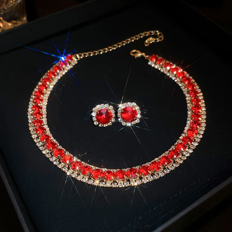 Inlaid Rhinestone Square Zircon Necklace Earring Set for Women Light Luxury Choker Necklace Commuter New Year Red Jewelry Sets