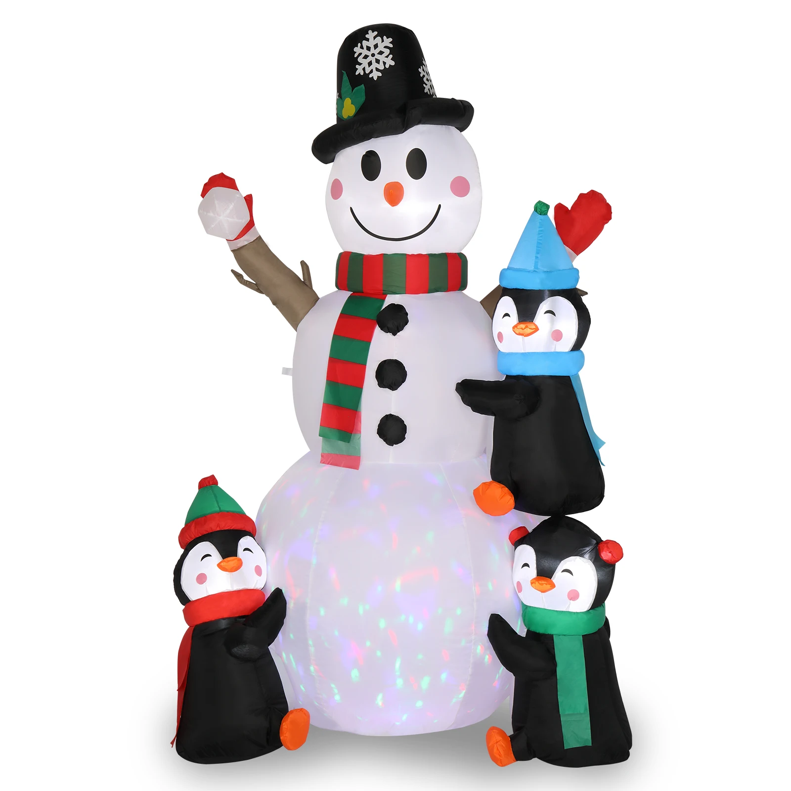 

6ft With 3 Penguins, 4 Light Strings, 1 Colorful Rotating Light, Inflatable, Garden Snowman Decoration