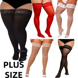 Plus Big Size Oversized Women's Lace Silk Stockings Black Red Sexy Over Knee Thigh High Sheer Christmas Long Socks Anti-slip 3XL