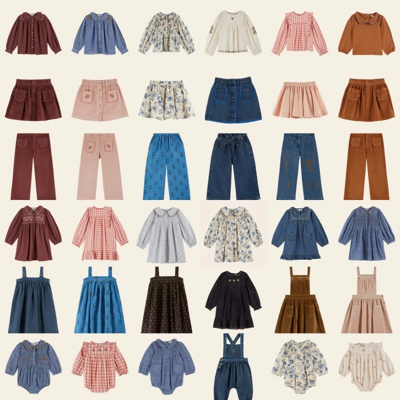 EM Kids' 2025 Colección Otoño Invierno Suéteres de punto para niñas Pana y peleles florales Camisas estampadas Conjuntos de pantalones de vestir