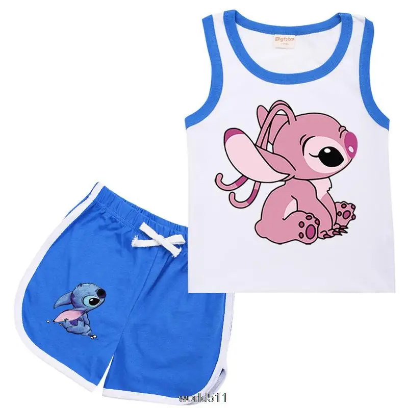 Stitch Summer Children Kids Sport Basketball Set Baby Boys Girls Cartoon Vest Sleeveless Tops +Shorts Outfit Clothes Pink