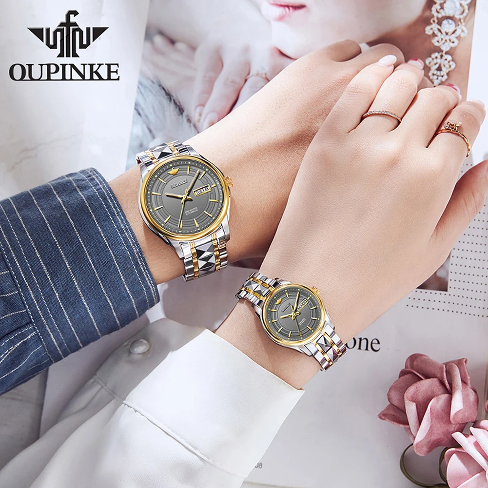 OUPINKE 3170 reloj mecánico para hombres y mujeres marca de lujo calendario de negocios movimiento automático importado pareja relojes conjunto regalo