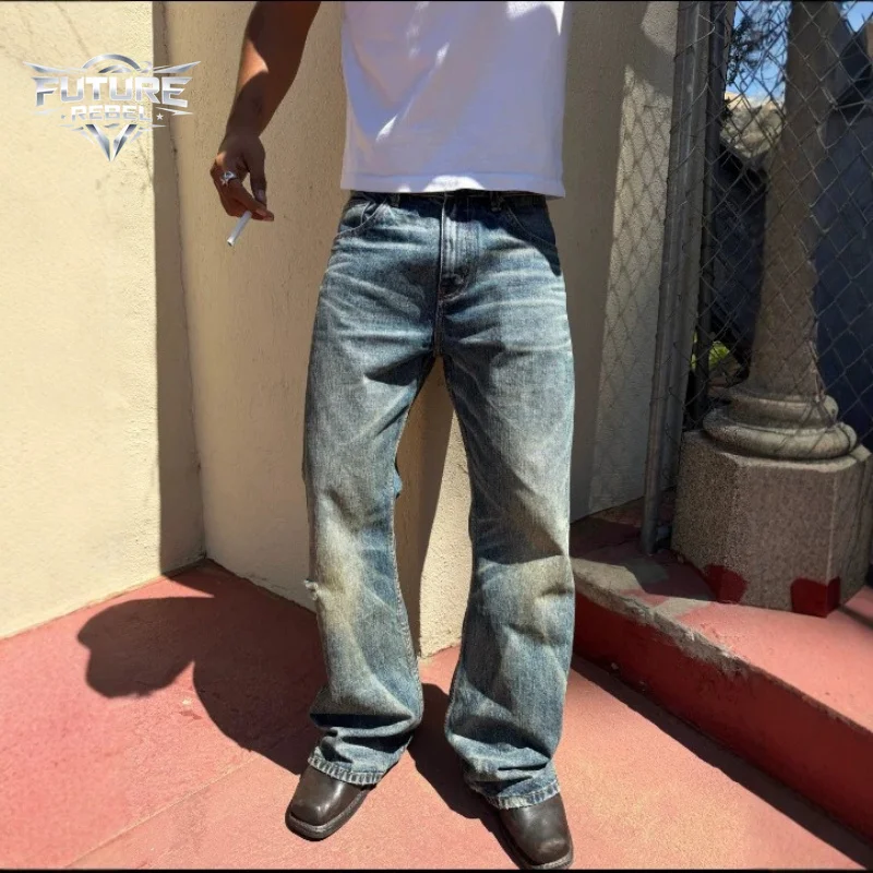 Mens Jeans Vintage Washed Distressed Flare Denim Pants Harajuku Unisex Loose Fit Cat Whisker Wrinkle Bootcut Y2K Streetwear New