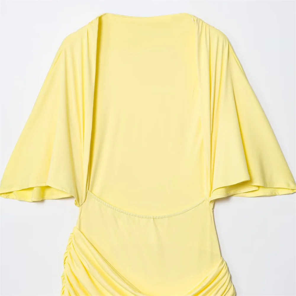 Novo vestido feminino elegante e sexy com decoração em camadas sem costas e manga curta com fenda lateral vestido MIDI