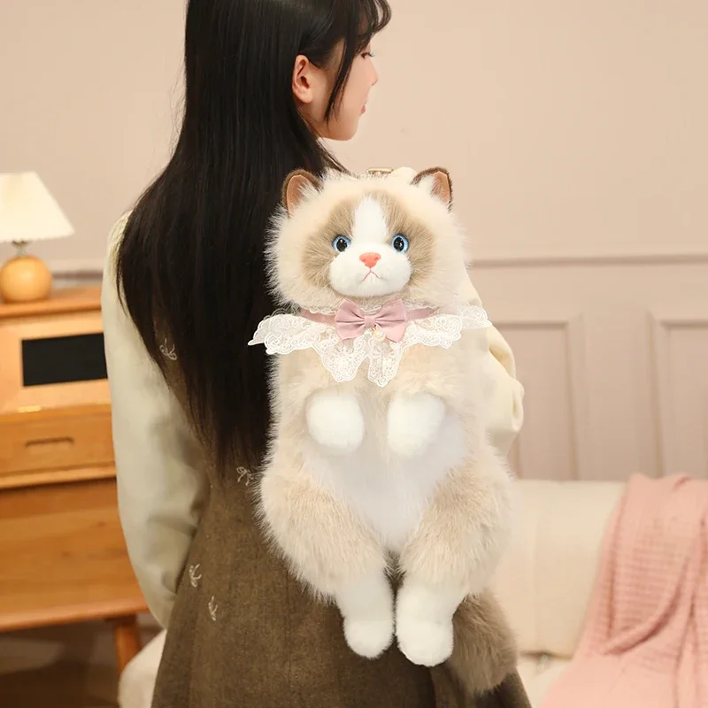 

Adorable Realistic Ragdoll Cat Plush Backpack Soft Fluffy White Black Cat Shoulder Bag with Adjustable Strap Cute Cat Bag