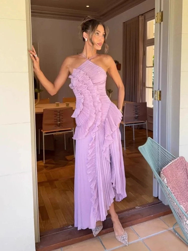 Women's Summer Fashion Pleated Neck Hanging Sexy Strapless Backless Dress