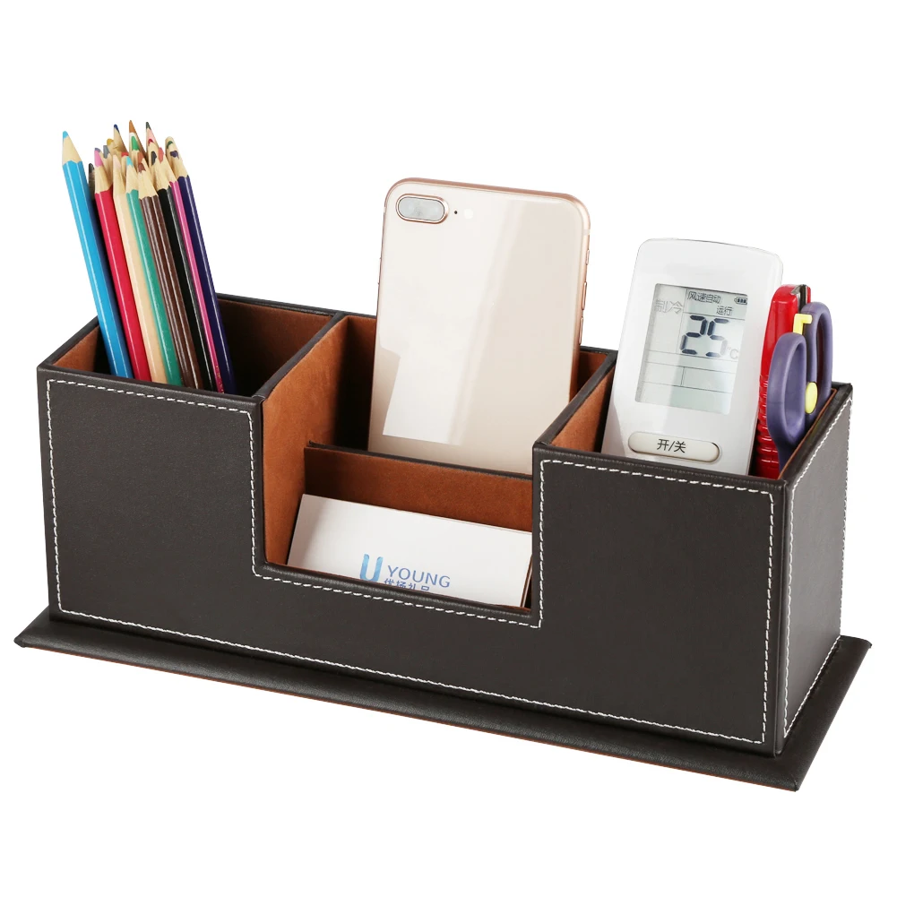 Office Accessories Desk Stationery Organizer Double Pen Pots Artificial Leather Pencil Holder Business Card Holder