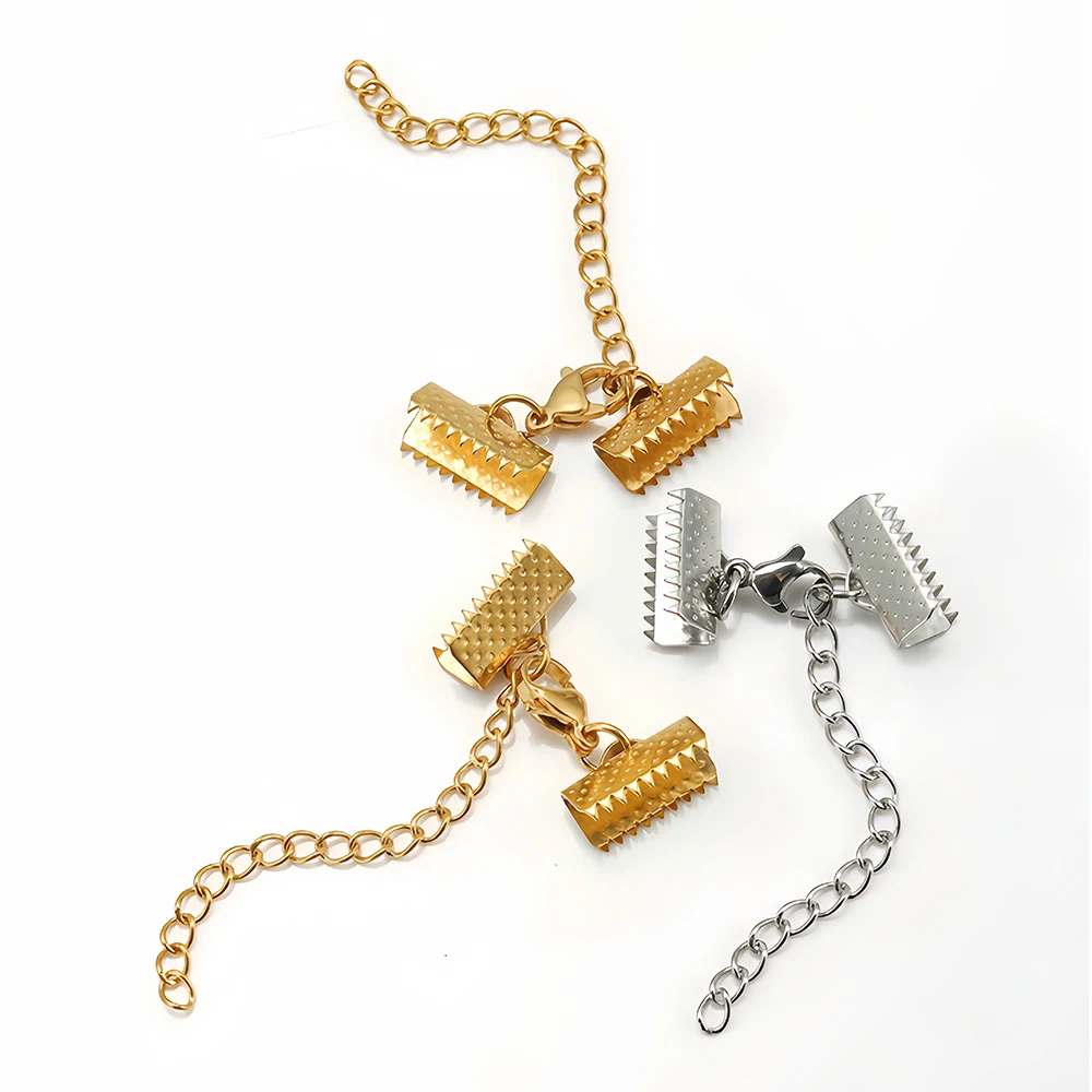 5 Stück Edelstahl-Bandverschlüsse mit Lederenden, Karabinerverschlüssen, Verlängerungsketten-Verbindungsstücken und Verschlüssen für die Herstellung von Armbändern. – Detail 5