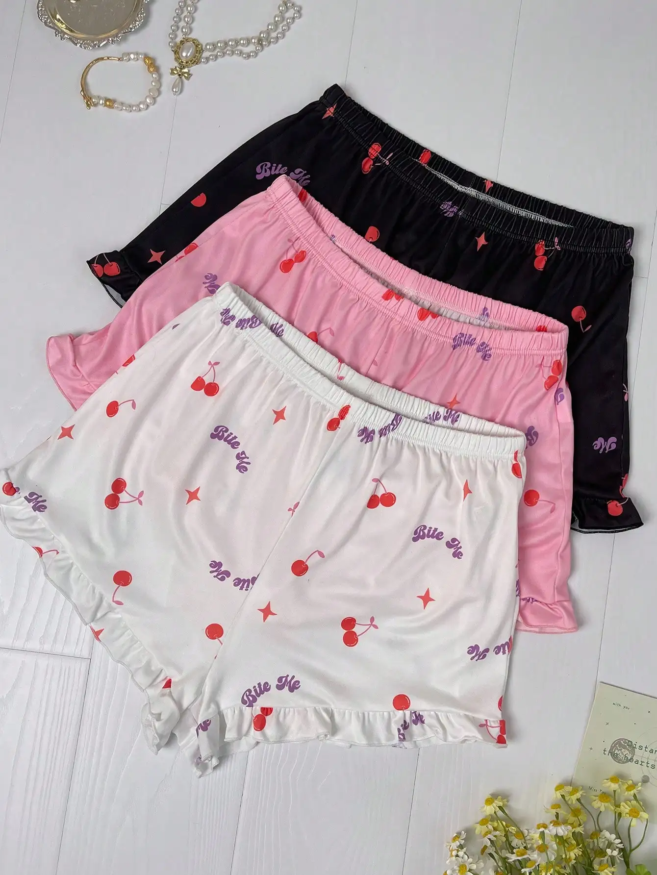 Women Pajama Shorts Set Summer Ruffled Edge Allover Prints Cherry Letter Sleepwear Pants Casual Fashion Wear