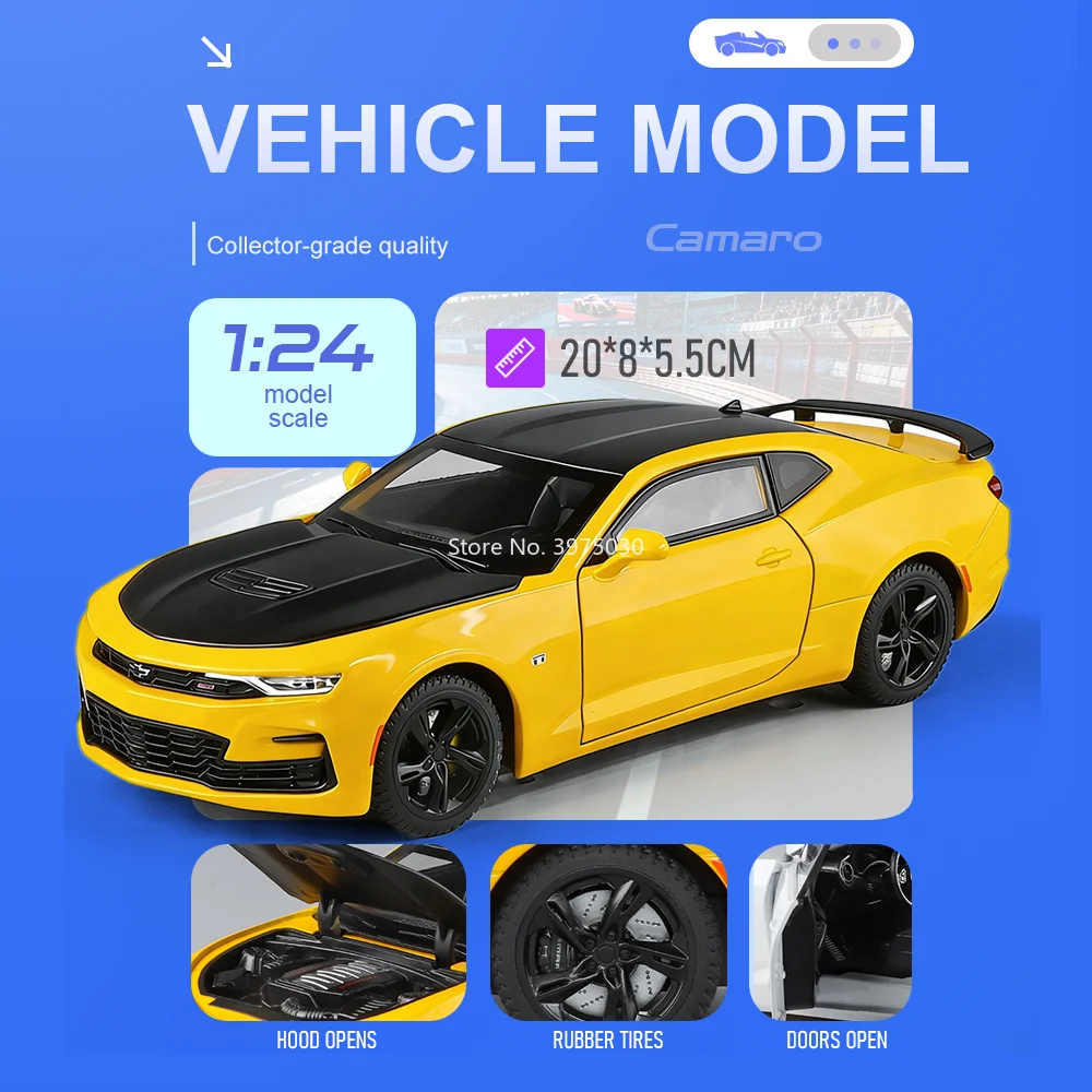 

Машинка-модель Chevrolet Camaro 1:24, литая из сплава, с открывающимися дверями, откатным механизмом, звуком и светом, для декора комнаты, для детей