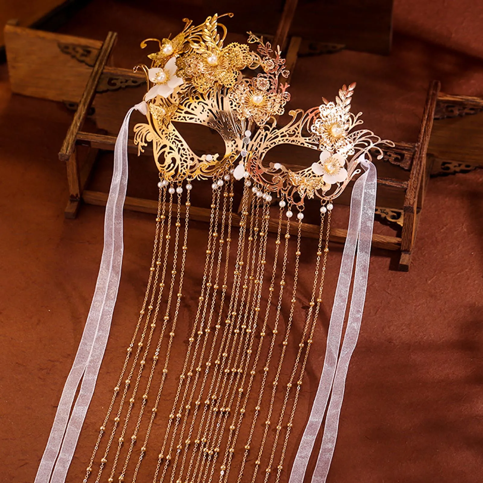 Long Tassel Face Veil with Mask Sparkling Crystal Hollow Headwear Hair Ornaments for Stage Performance School Ball