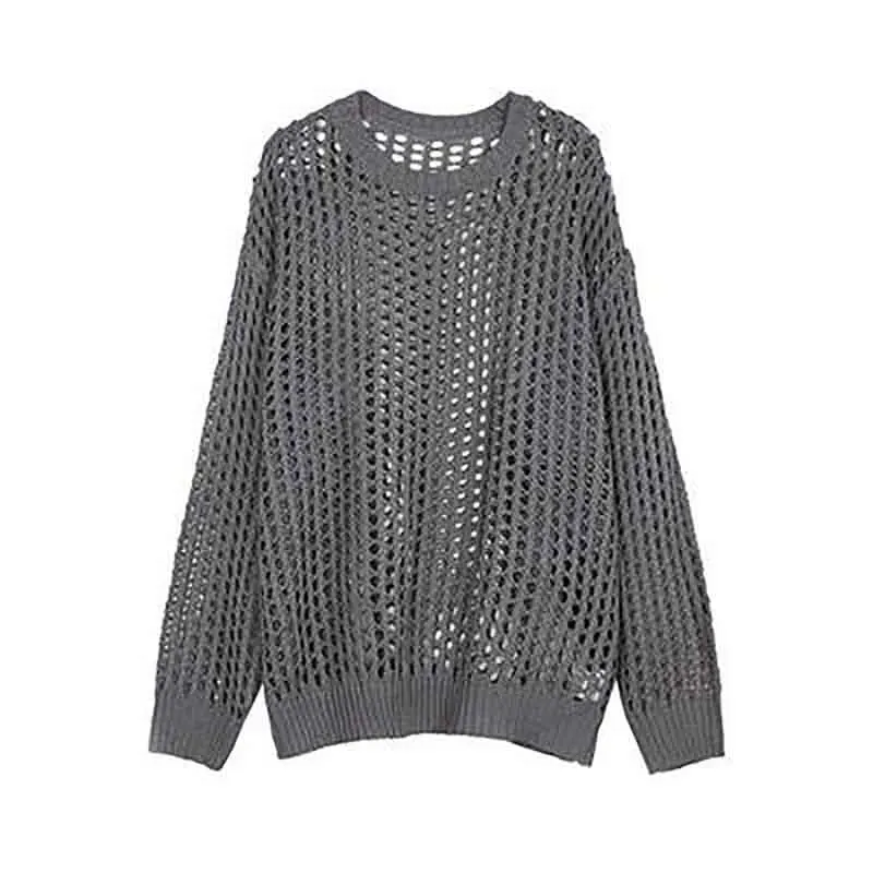 Summer Solid Color Hollow Out Knitted Long Sleeve Men Sweatshirts Fashion Casual Harajuku Oversized Couple Clothing Black White