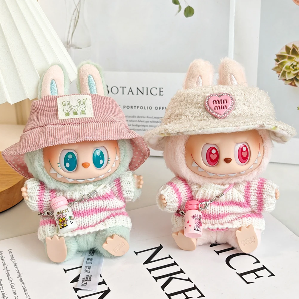 For 17cm Labubu Doll Clothes Pink Striped Sweater Set Insulated Cup Pendant Plush Fur Hat Ropa Labubu Outfit Accessories