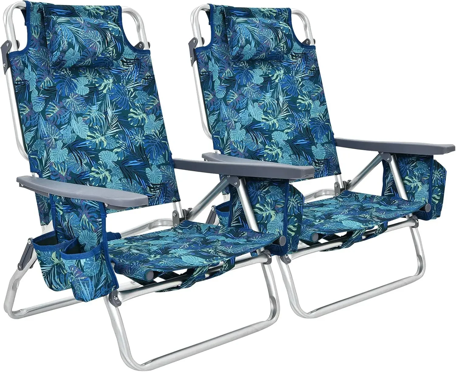 Beach Chair Set of 2, Folding Camping Chairs, 5-Position Adjustable Chairs W/Ice Bag, Comfort Pillow, Cup Holder, Backp