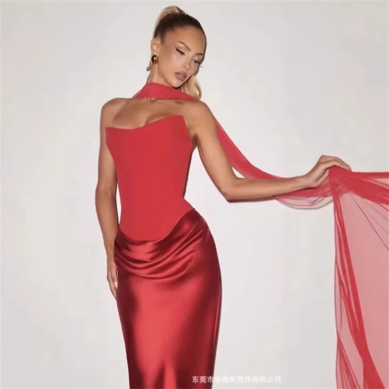 Red Scarf Sheath Ruffles Prom Dress Sexy Strapless Sleeveless Lace Up Back Party Gown Formal Wedding Guest Birthday Evening Robe
