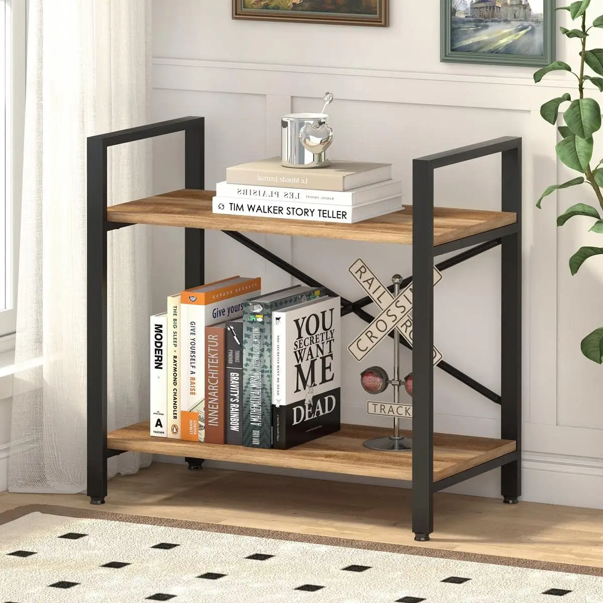 

BON AUGURE Small Bookshelf for Small Space, Industrial 2 Tier Wood Metal Bookcase, Rustic Short Book Shelf for Living Room,