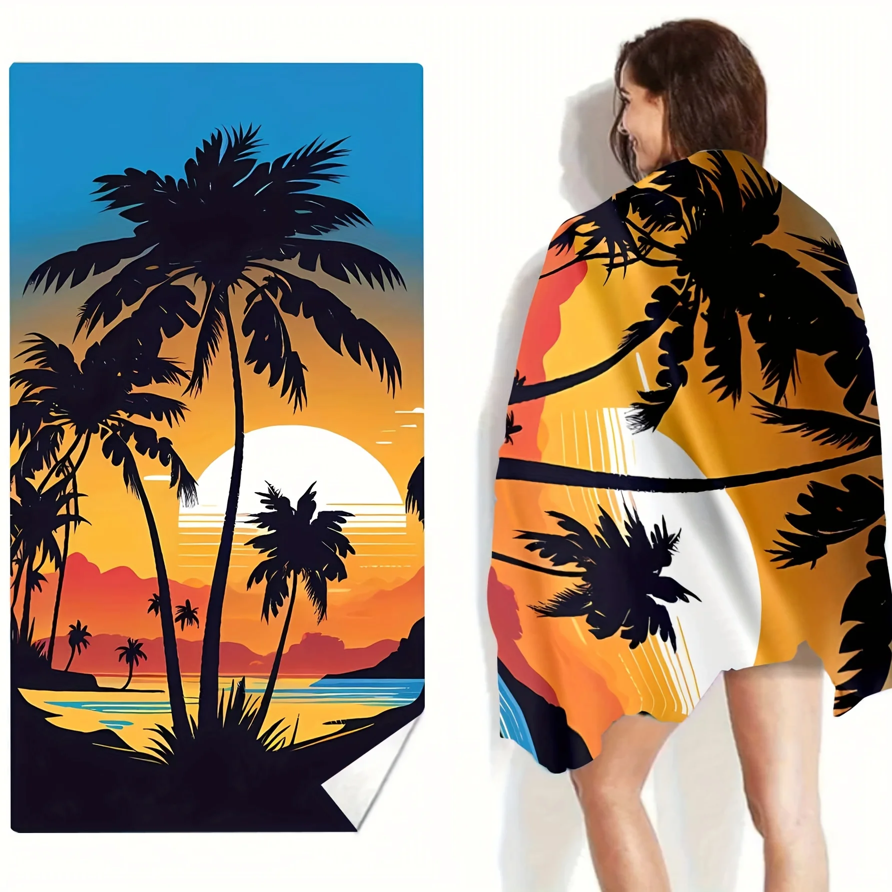 Summer Ready: 1Pc Sunset & Coconut Tree Print Beach Towel - Soft, Absorbent & Lightweight!