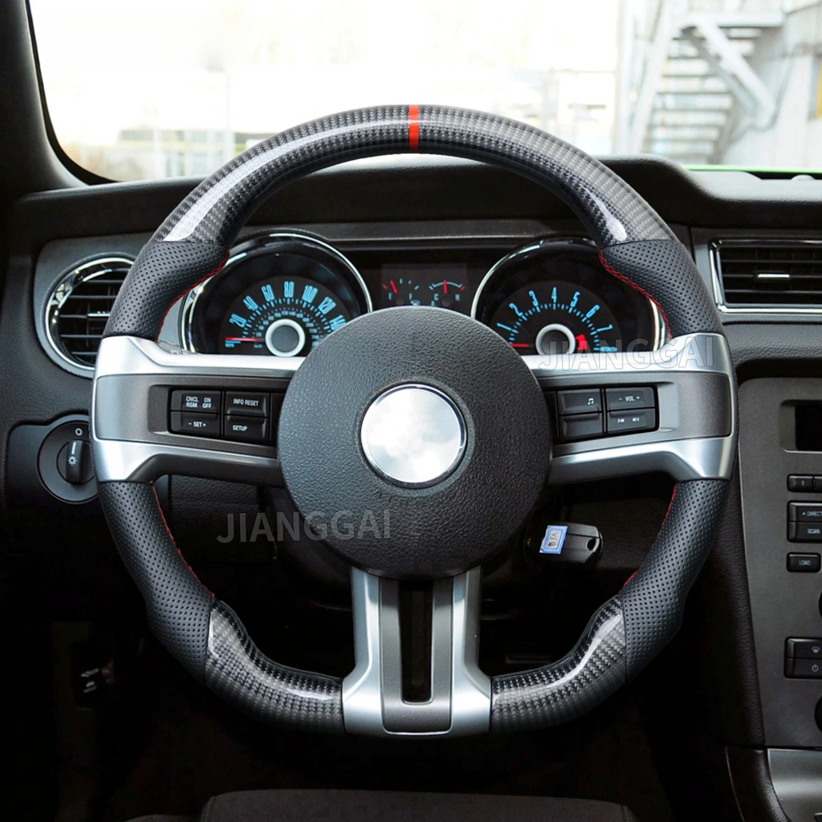 

Real Carbon Fiber Steering Wheel Round Top Flat Bottom D-Type Red Stitching Position Line Fit For Ford Mustang GT 2010-2014