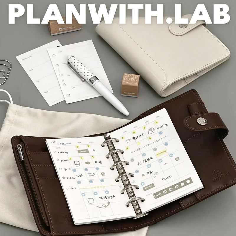 Planwith Lab Pocket-Sized A7 M5 Mini Planner,6-Ring Loose-Leaf Notebook With Leather Cover,Portable Monthly&Weekly AgendaJournal