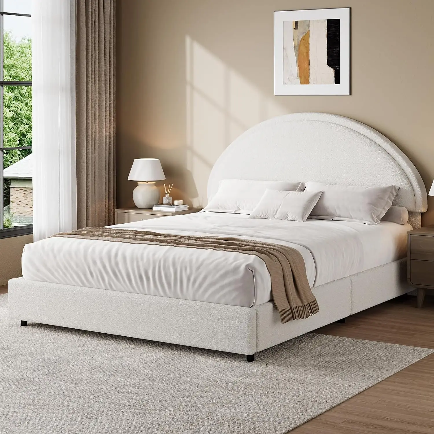 Round Headboard Upholstered Platform Bed Frame Full Size Boucle Soft Modern Style No Box Spring Easy Assembly, Customized