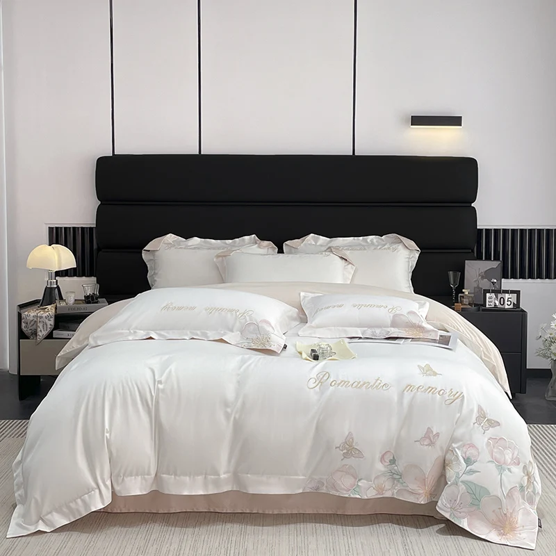 100% Cotton Flower Butterfly Embroidery Bedding Set Duvet Cover Fitted Bed Sheet Pillowcases Mattress Cover King Queen Size